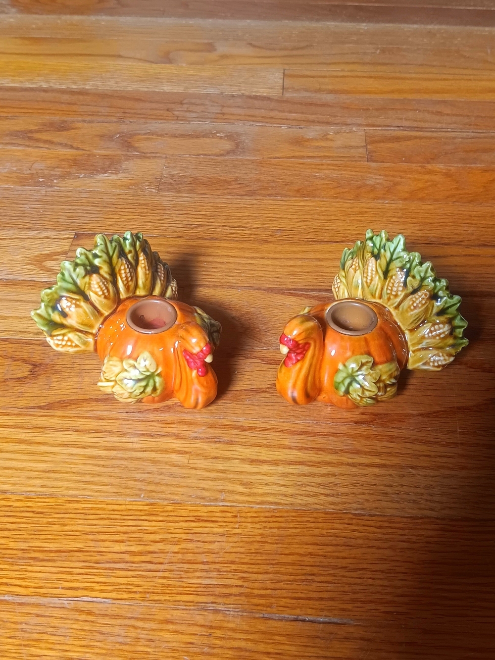 Set Of 2 Fall Harvest Ceramic Turkey Candle Holders - Autumn Thanksgiving Decor